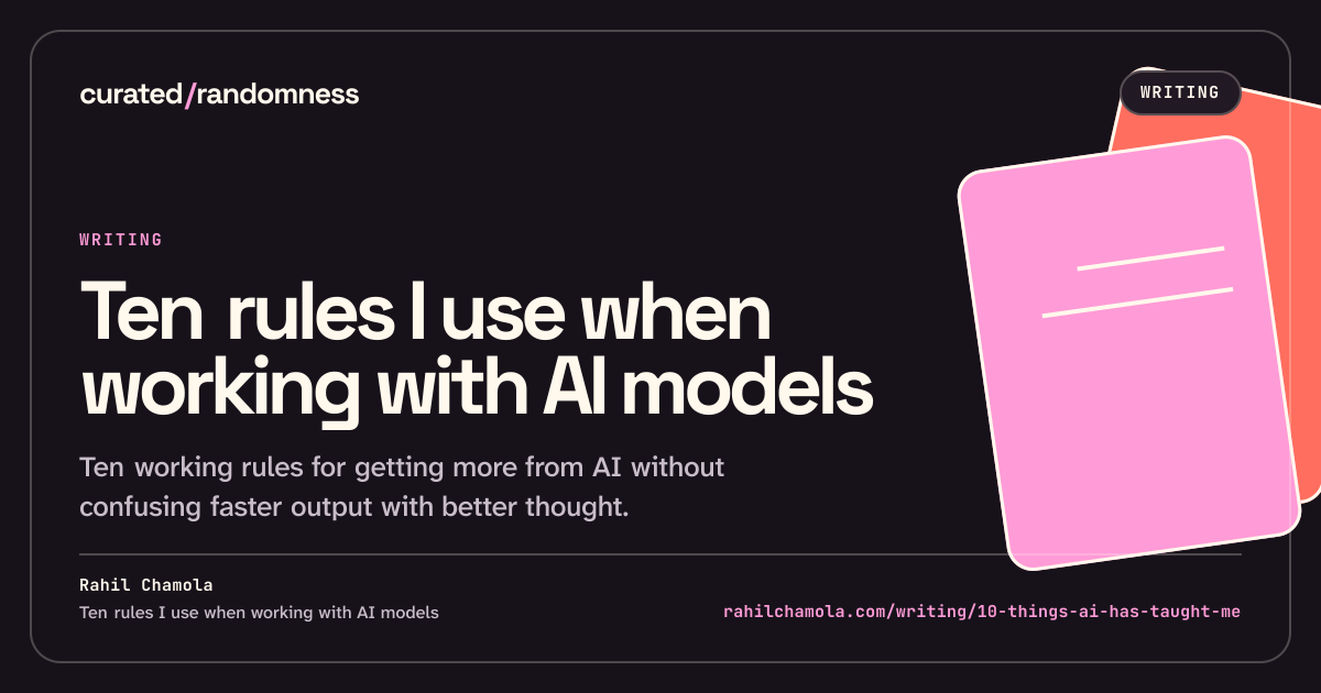 Whole work share artwork for Ten rules I use when working with AI models, landscape format in dark theme.