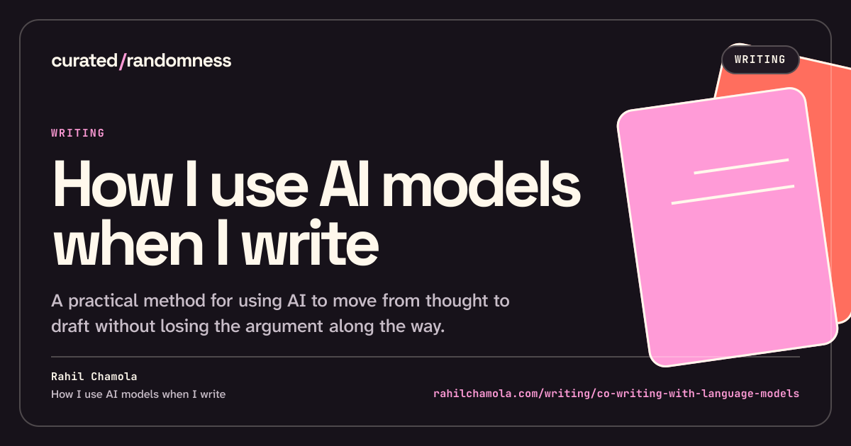 Whole work share artwork for How I use AI models when I write, landscape format in dark theme.