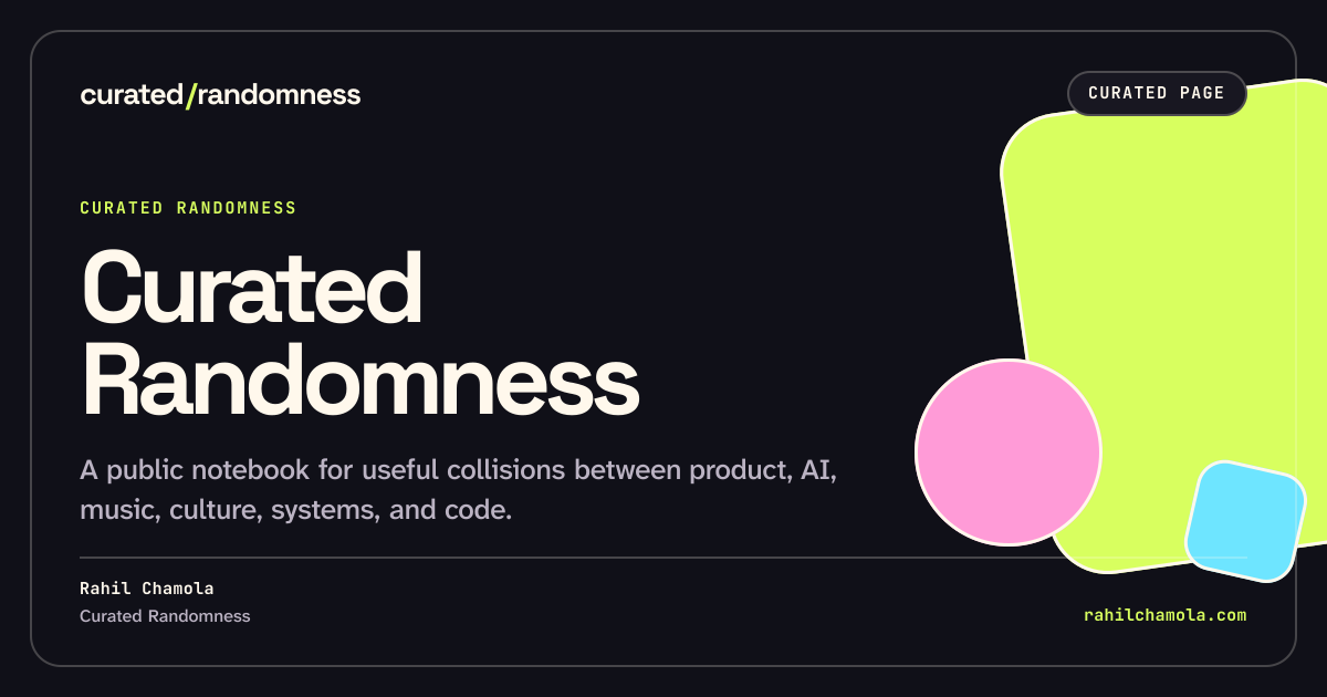 Whole work share artwork for Curated Randomness, landscape format in dark theme.